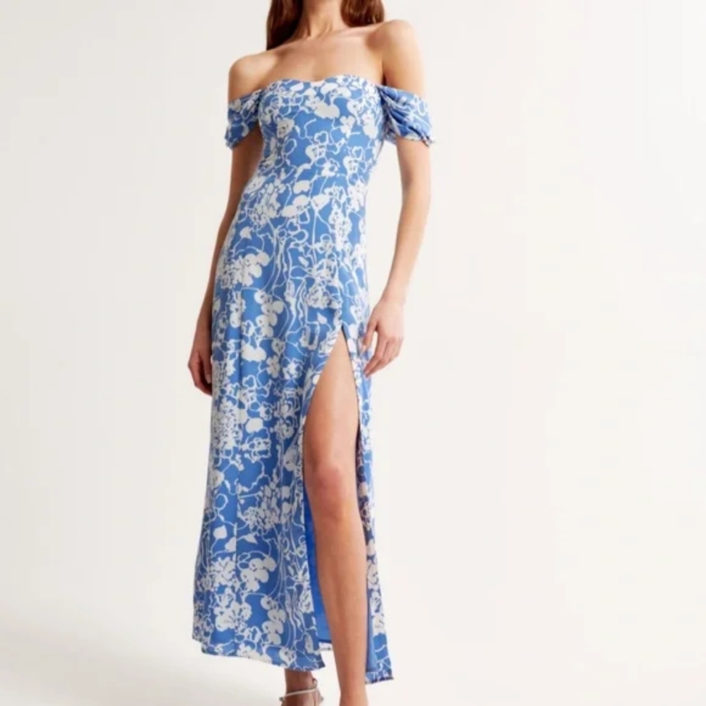 Abercrombie & Fitch Camille Blue White Floral Off Shoulder Maxi Long Dress Small